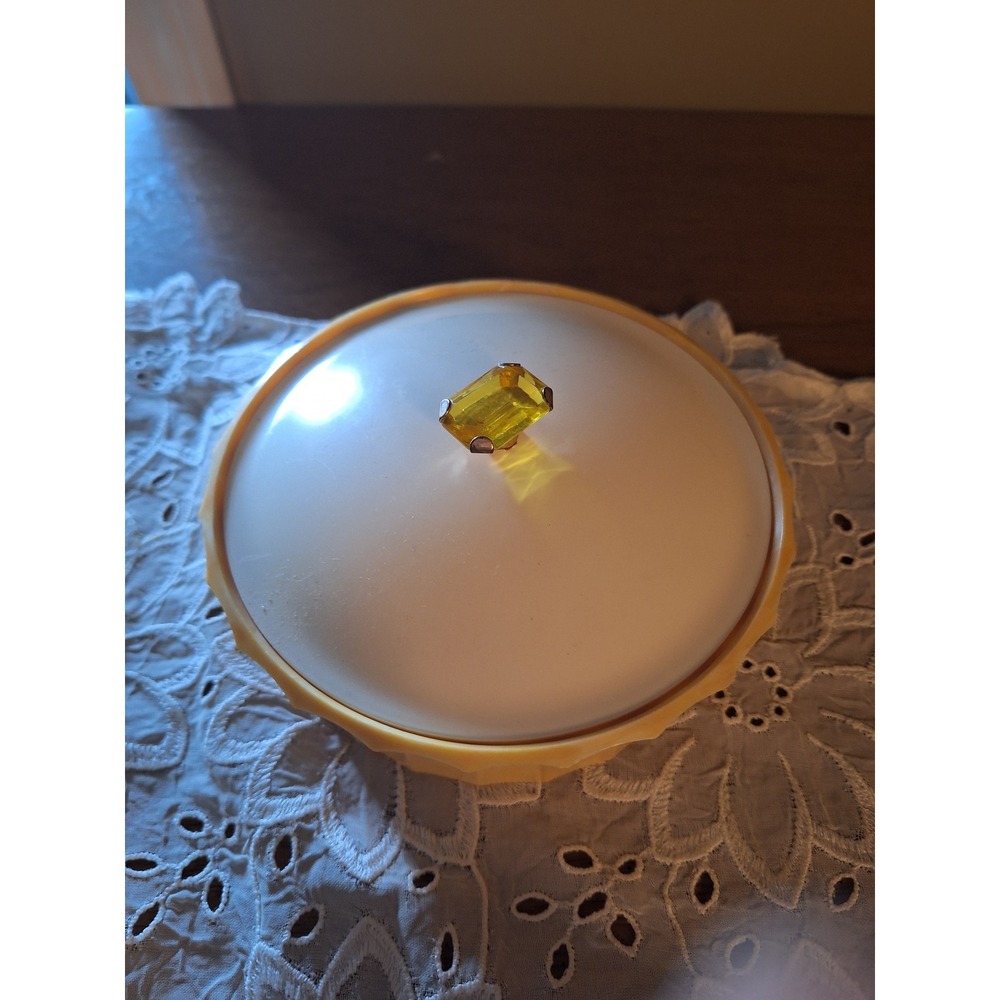 Vintage Avon Topaze Beauty Dust Powder Jar Yellow Marbled Faux Amber Gem Lid